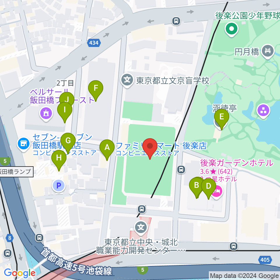 小石川運動場周辺のファミレス・ファーストフード一覧地図