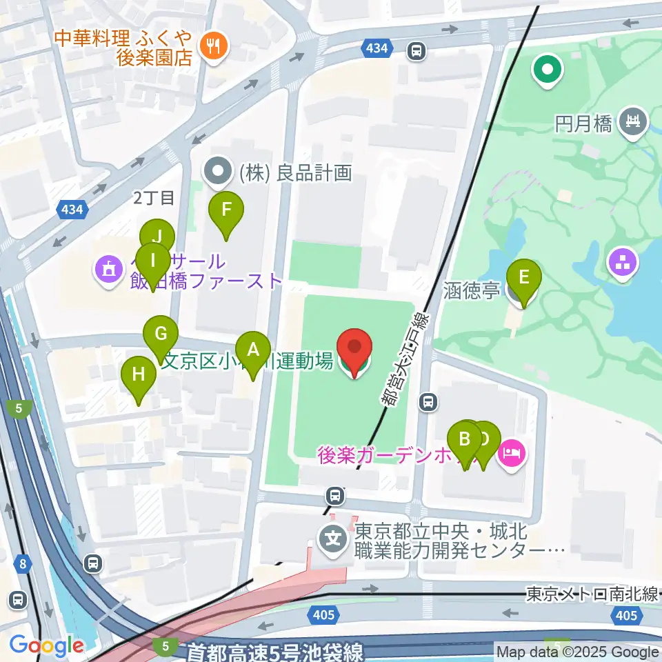 小石川運動場周辺のファミレス・ファーストフード一覧地図