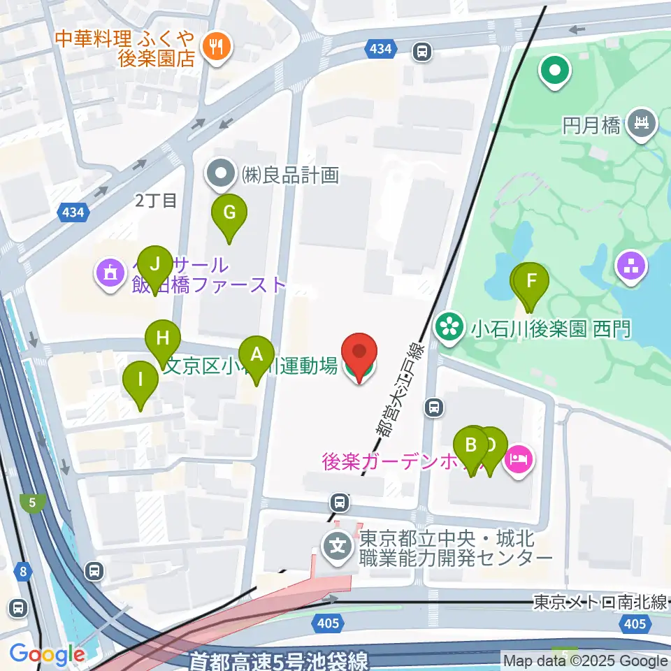 小石川運動場周辺のファミレス・ファーストフード一覧地図