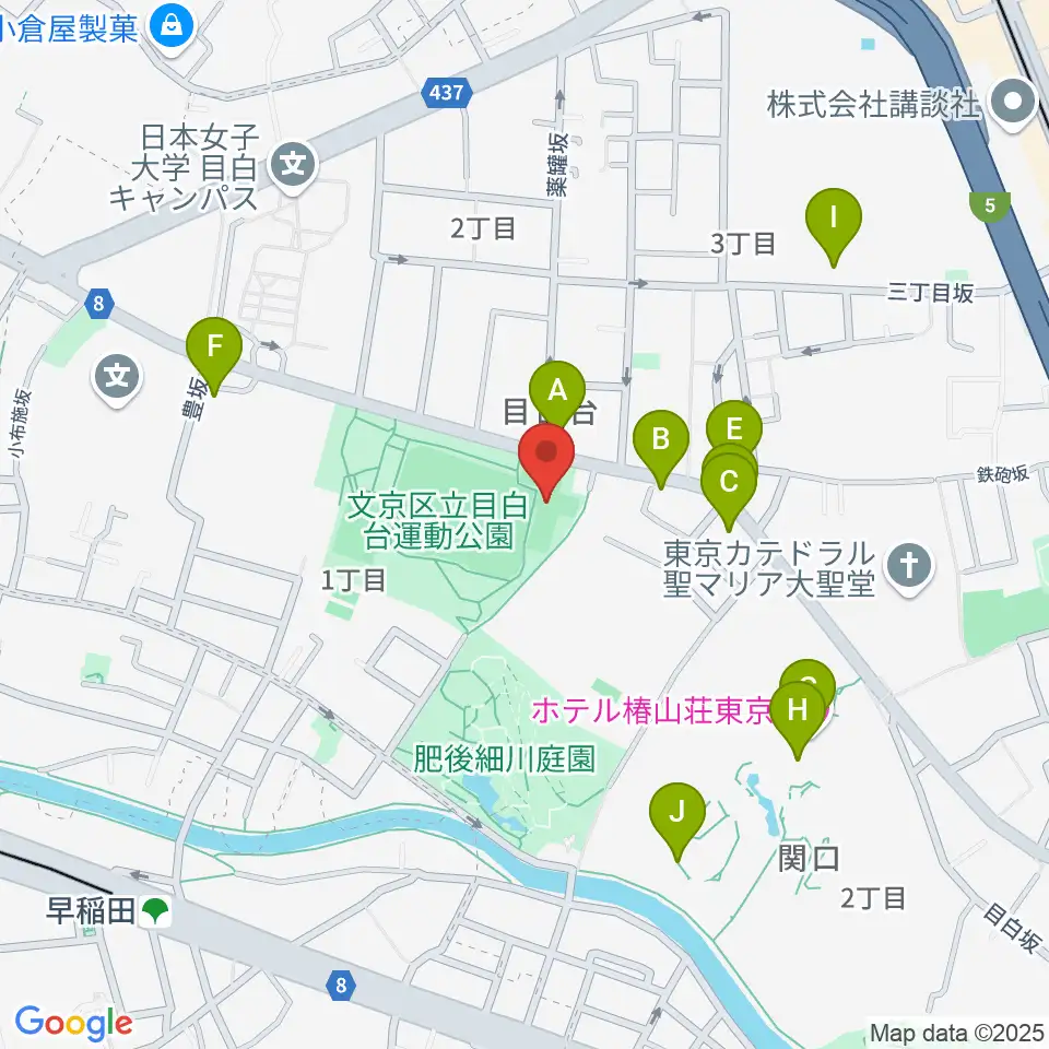 目白台運動公園フットサルコート周辺のファミレス・ファーストフード一覧地図