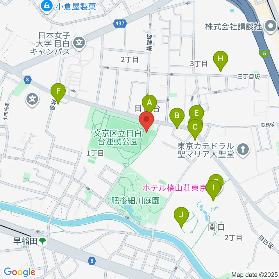 目白台運動公園フットサルコート周辺のファミレス・ファーストフード一覧地図