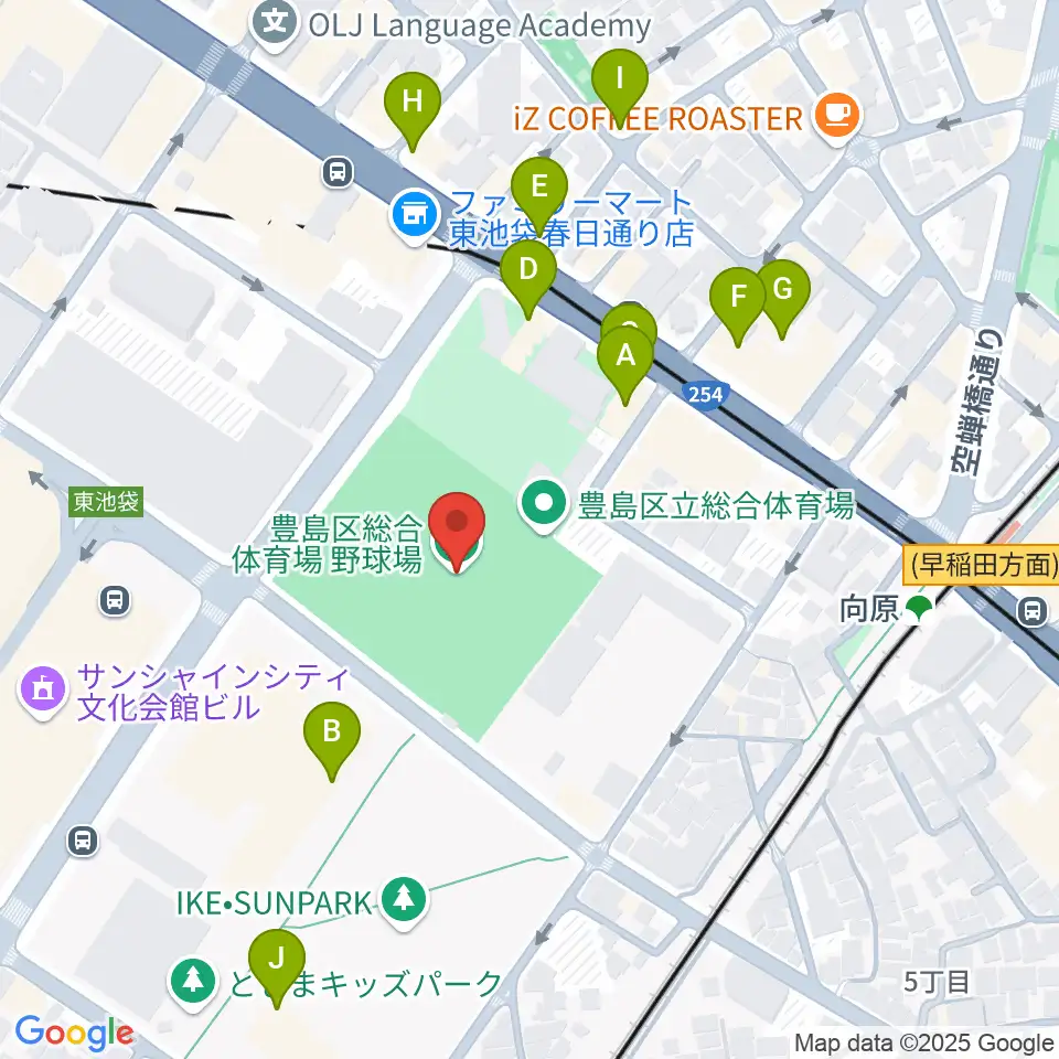 豊島区総合体育場野球場周辺のファミレス・ファーストフード一覧地図