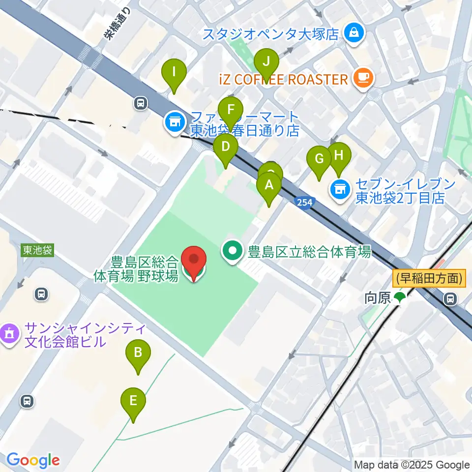 豊島区総合体育場野球場周辺のファミレス・ファーストフード一覧地図