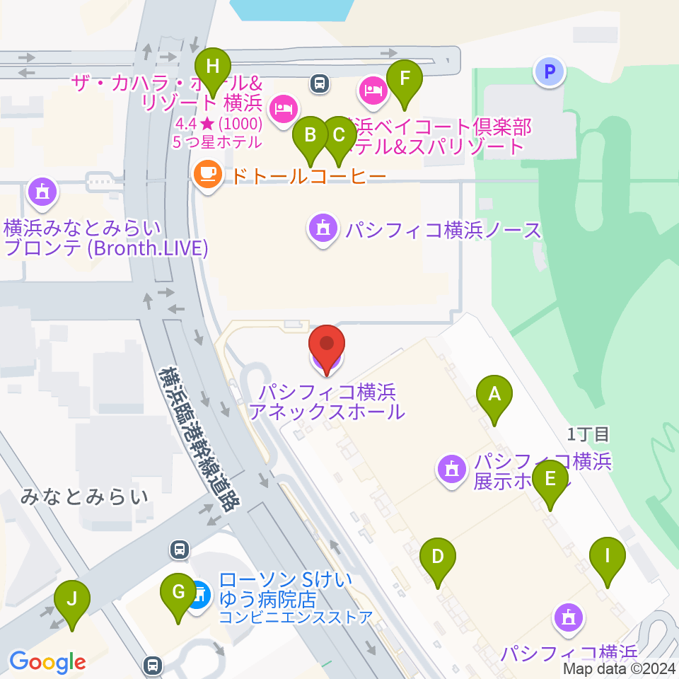 パシフィコ横浜 アネックスホール周辺のファミレス・ファーストフード一覧地図