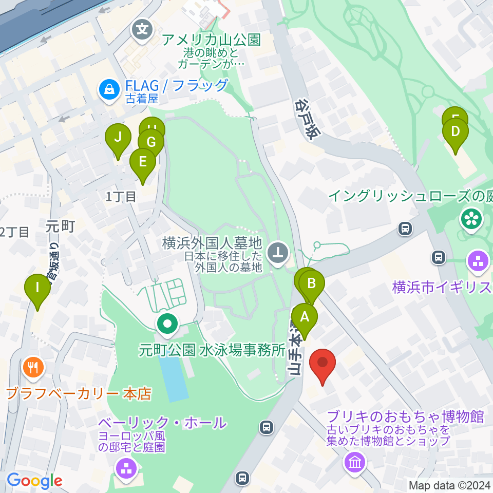 山手資料館周辺のファミレス・ファーストフード一覧地図