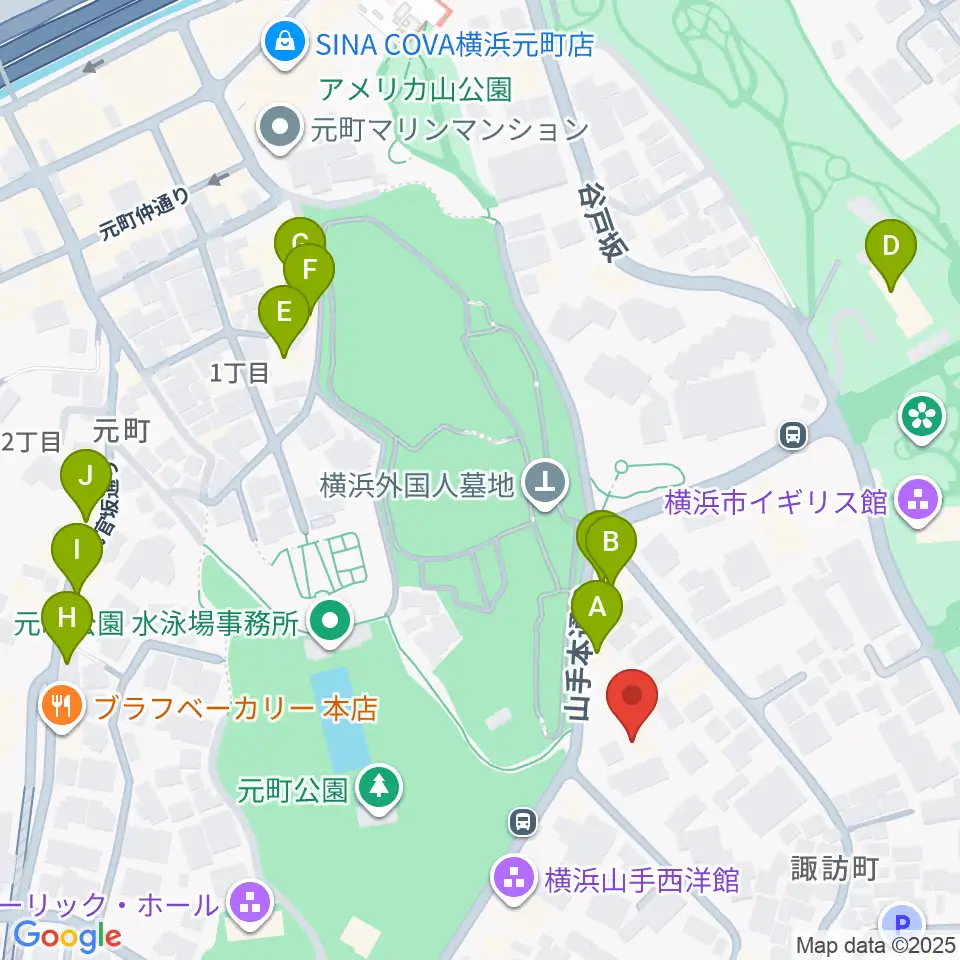 山手資料館周辺のファミレス・ファーストフード一覧地図