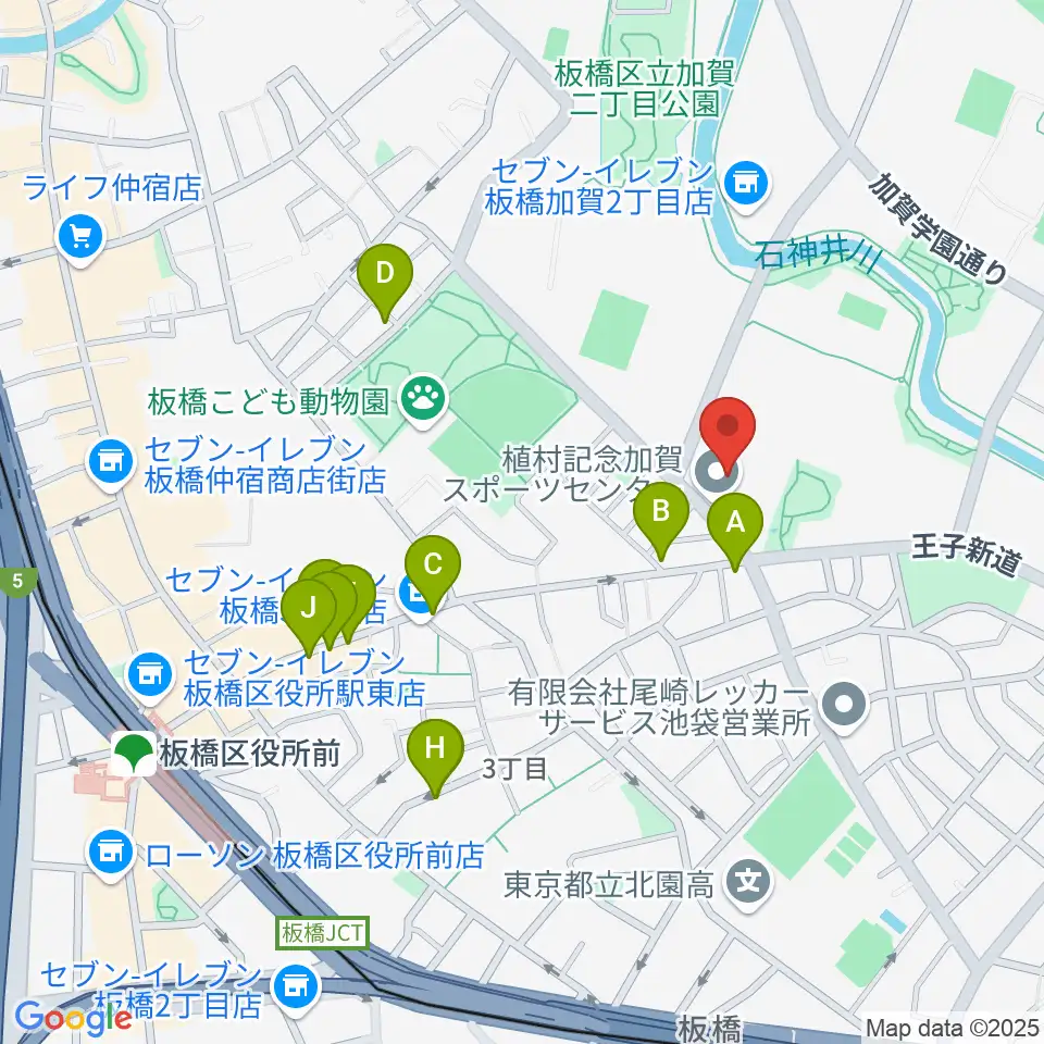 板橋区立植村記念加賀スポーツセンター周辺のファミレス・ファーストフード一覧地図
