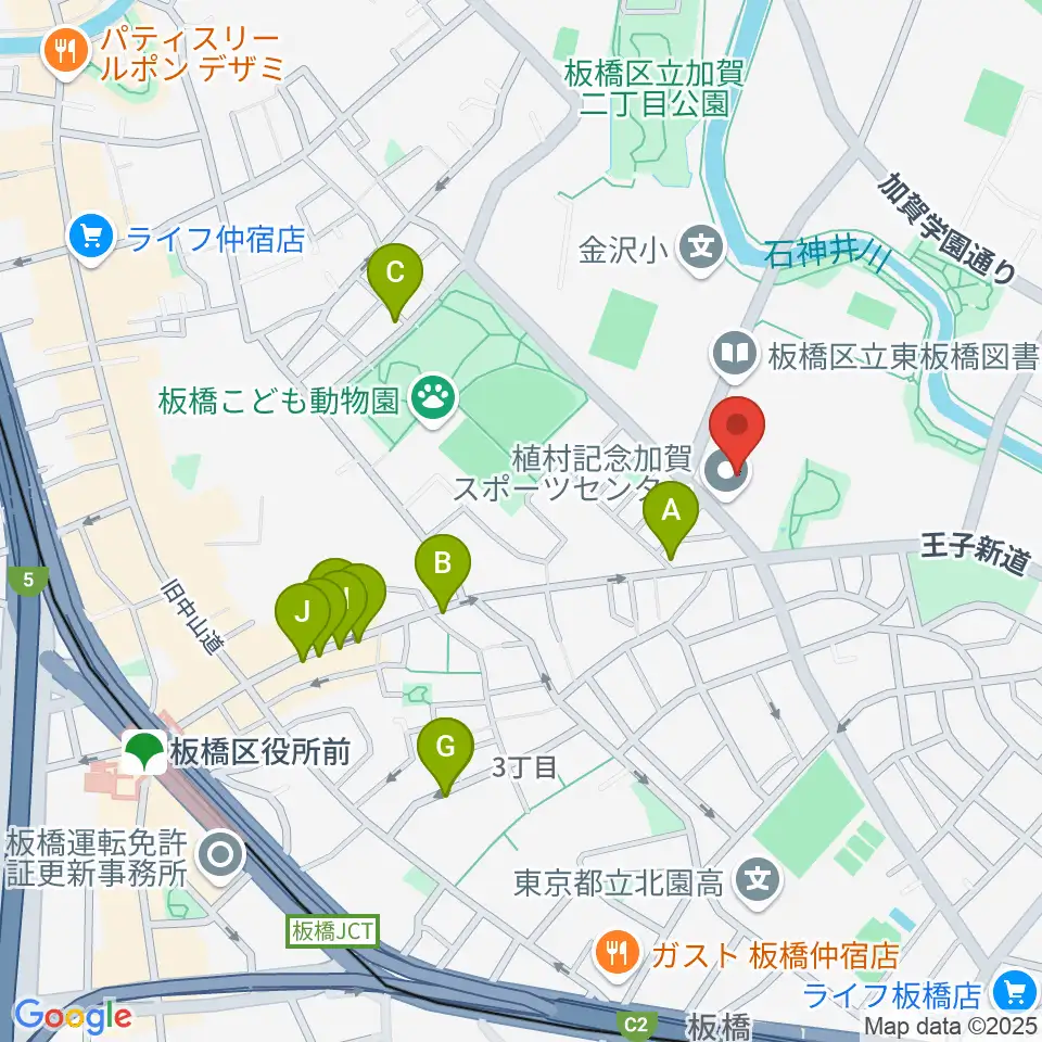板橋区立植村記念加賀スポーツセンター周辺のファミレス・ファーストフード一覧地図