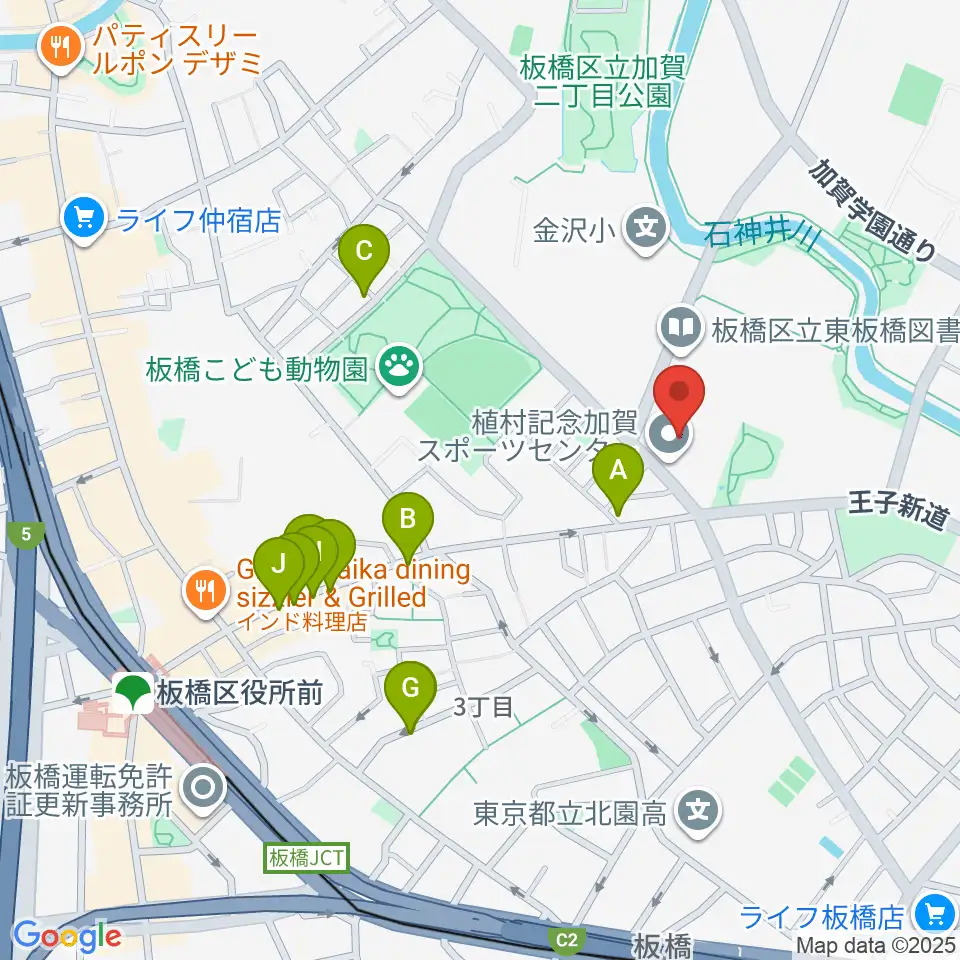 板橋区立植村記念加賀スポーツセンター周辺のファミレス・ファーストフード一覧地図