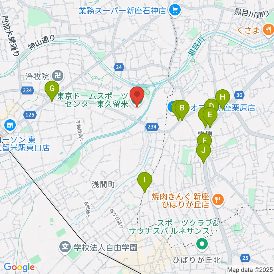 東久留米市スポーツセンター周辺のファミレス・ファーストフード一覧地図