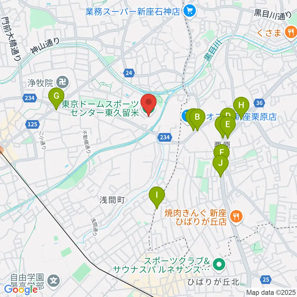 東久留米市スポーツセンター周辺のファミレス・ファーストフード一覧地図
