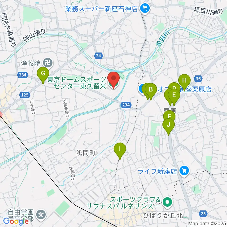 東久留米市スポーツセンター周辺のファミレス・ファーストフード一覧地図