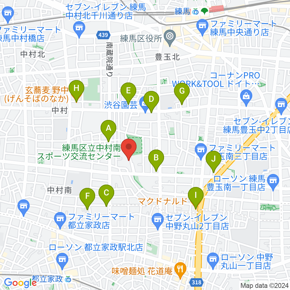 練馬区立中村南スポーツ交流センター周辺のファミレス・ファーストフード一覧地図