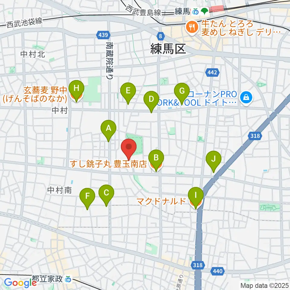 練馬区立中村南スポーツ交流センター周辺のファミレス・ファーストフード一覧地図