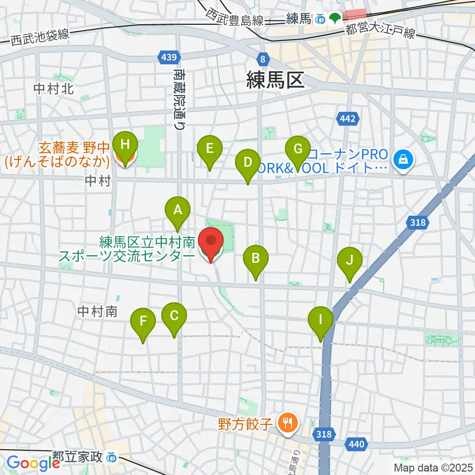 練馬区立中村南スポーツ交流センター周辺のファミレス・ファーストフード一覧地図