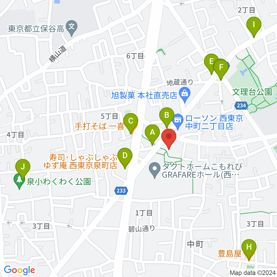 西東京市スポーツセンター周辺のファミレス・ファーストフード一覧地図