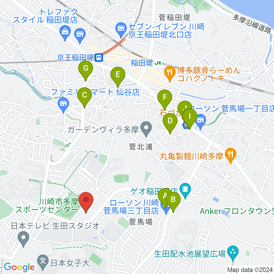 川崎市多摩スポーツセンター周辺のファミレス・ファーストフード一覧地図