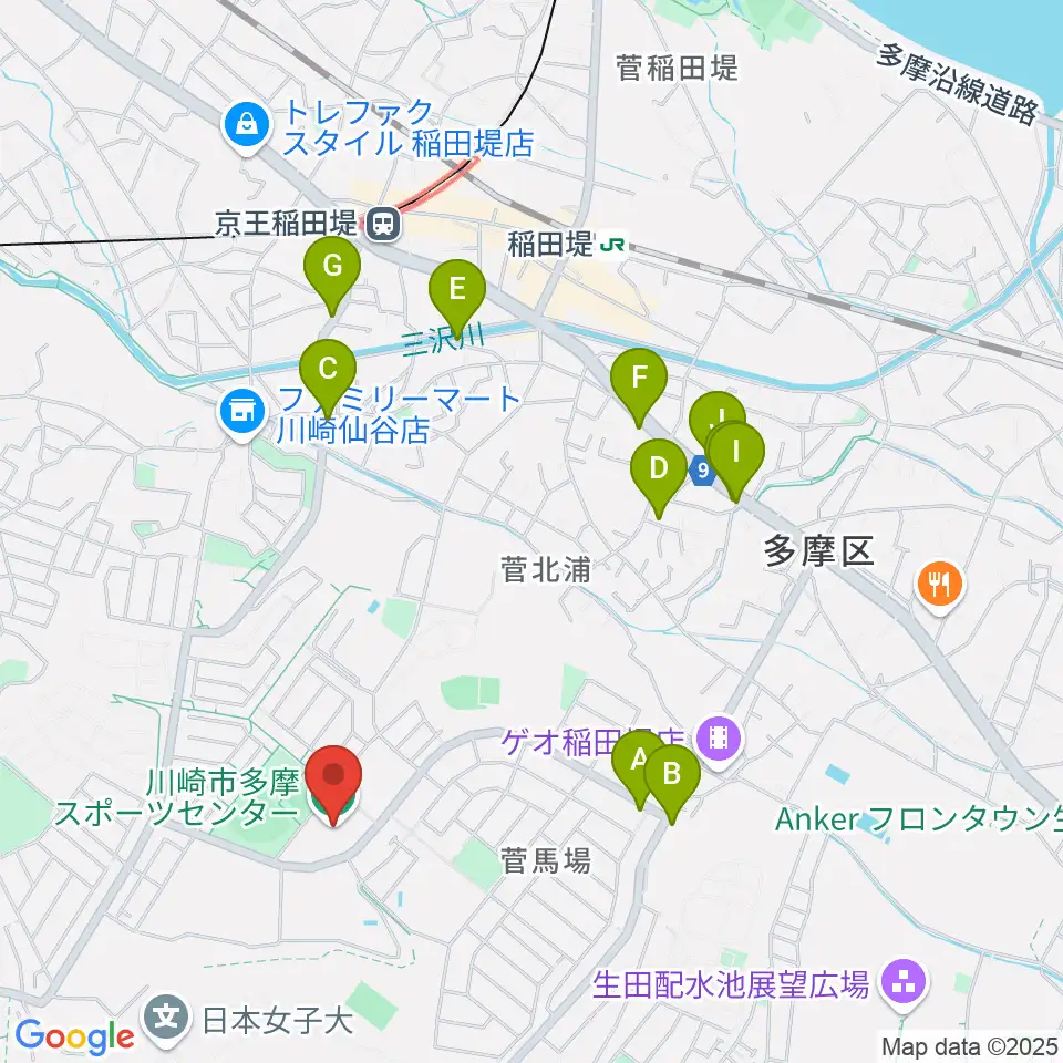 川崎市多摩スポーツセンター周辺のファミレス・ファーストフード一覧地図