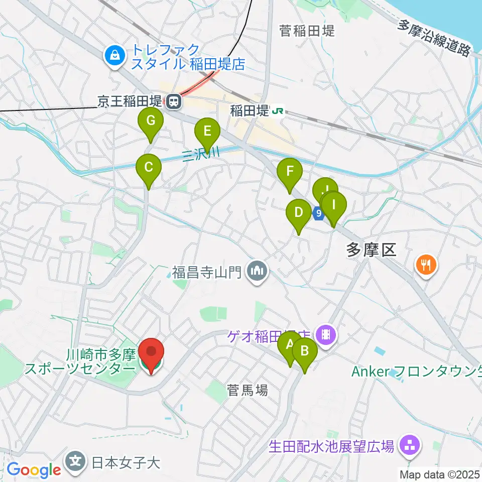 川崎市多摩スポーツセンター周辺のファミレス・ファーストフード一覧地図