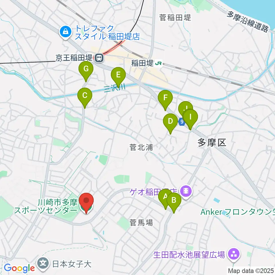 川崎市多摩スポーツセンター周辺のファミレス・ファーストフード一覧地図