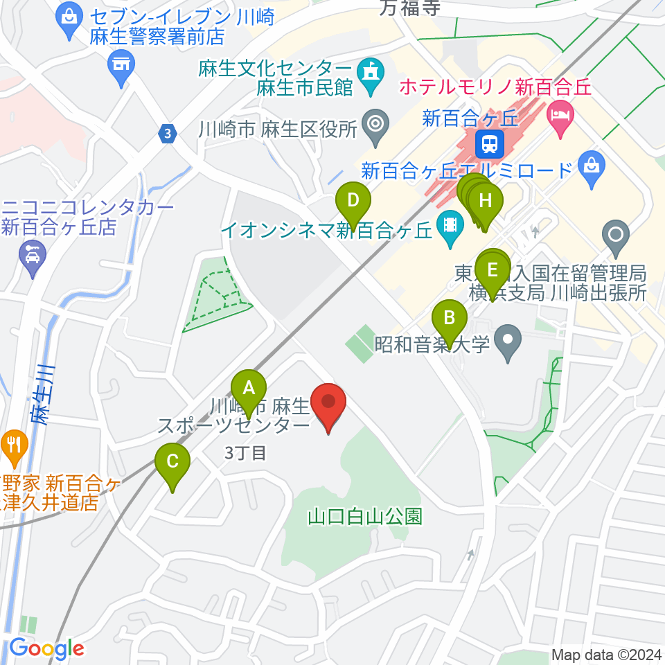 川崎市麻生スポーツセンター周辺のファミレス・ファーストフード一覧地図