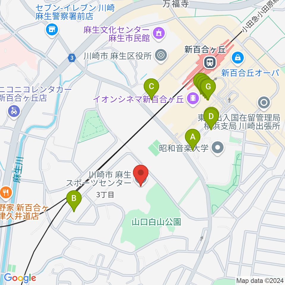 川崎市麻生スポーツセンター周辺のファミレス・ファーストフード一覧地図