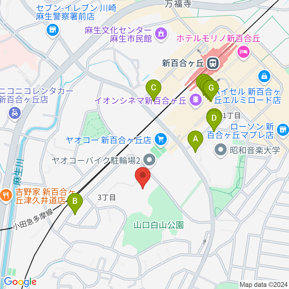 川崎市麻生スポーツセンター周辺のファミレス・ファーストフード一覧地図