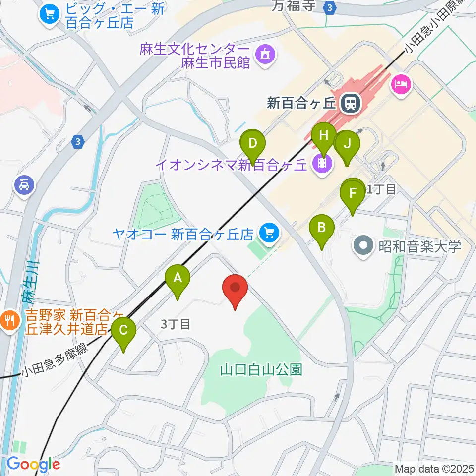 川崎市麻生スポーツセンター周辺のファミレス・ファーストフード一覧地図