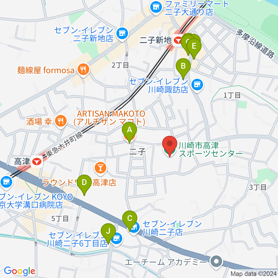 川崎市高津スポーツセンター周辺のファミレス・ファーストフード一覧地図