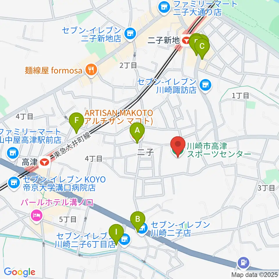 川崎市高津スポーツセンター周辺のファミレス・ファーストフード一覧地図