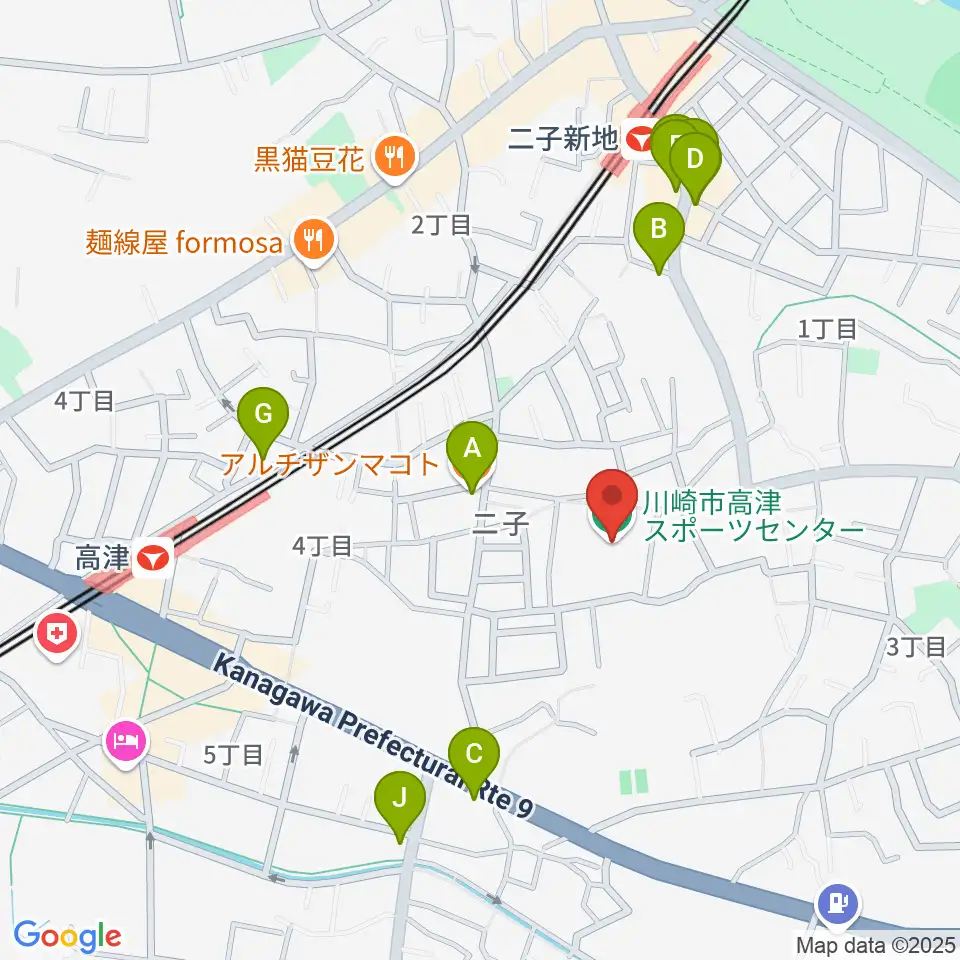 川崎市高津スポーツセンター周辺のファミレス・ファーストフード一覧地図
