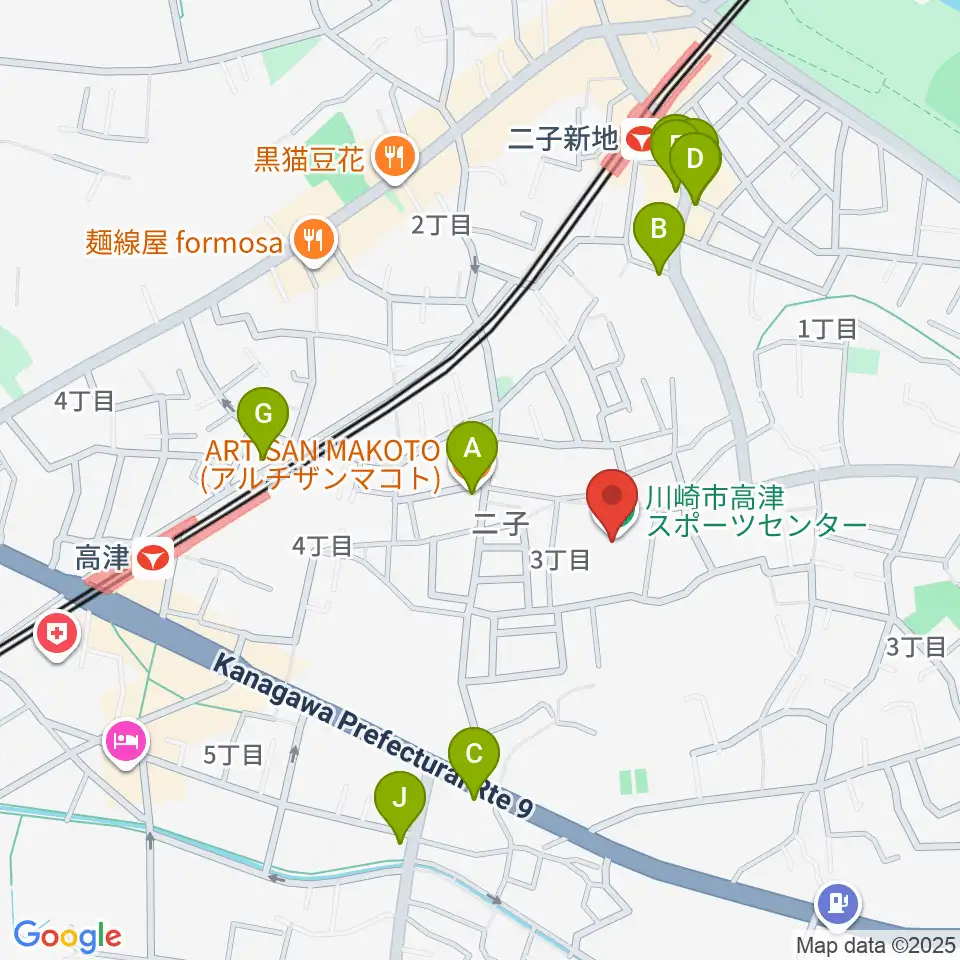 川崎市高津スポーツセンター周辺のファミレス・ファーストフード一覧地図