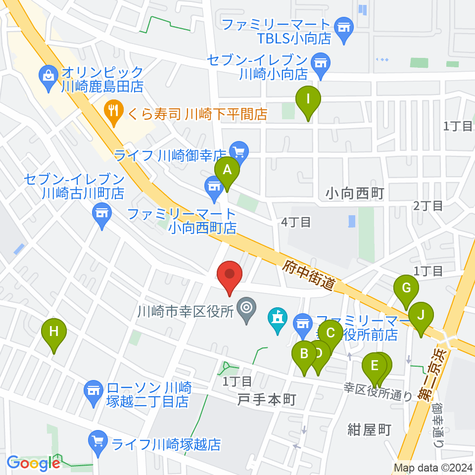 川崎市幸スポーツセンター周辺のファミレス・ファーストフード一覧地図