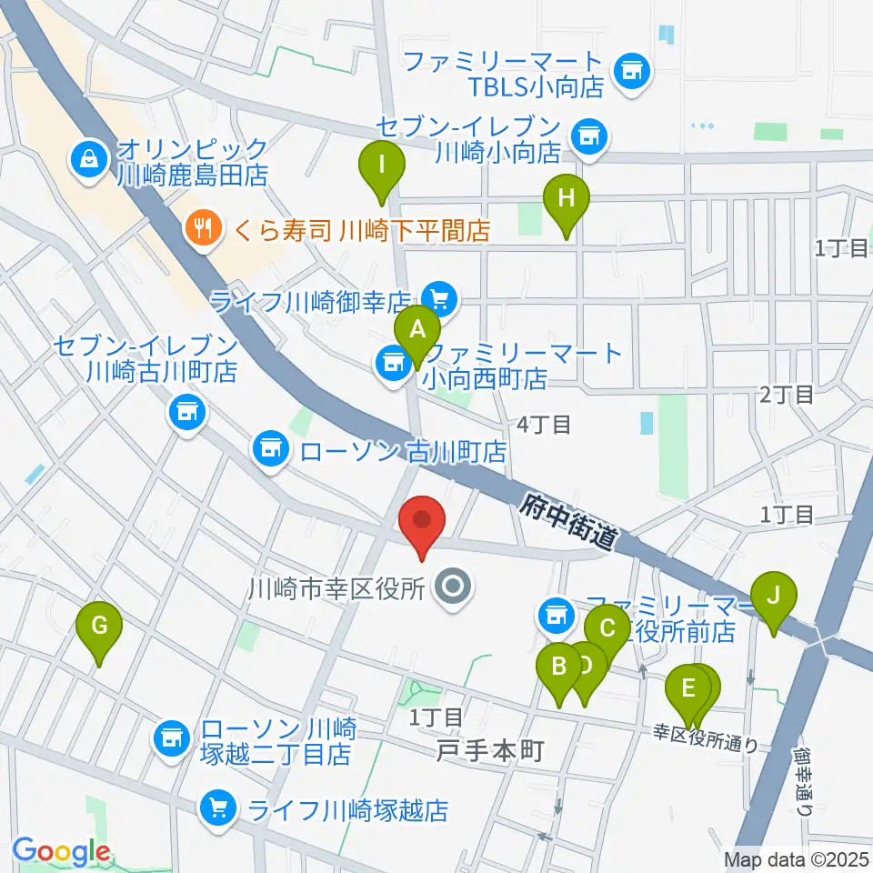 川崎市幸スポーツセンター周辺のファミレス・ファーストフード一覧地図