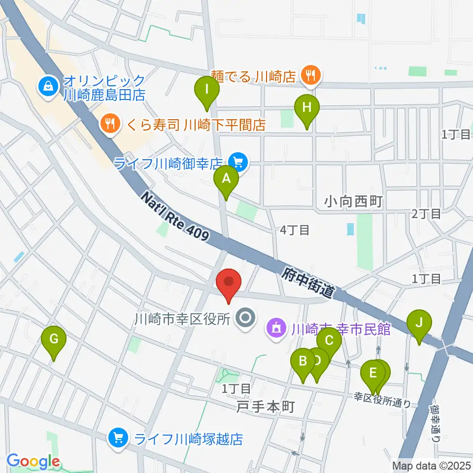 川崎市幸スポーツセンター周辺のファミレス・ファーストフード一覧地図