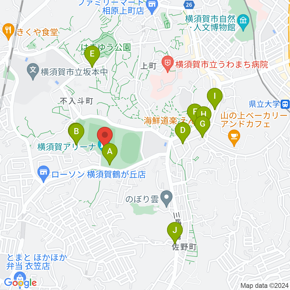 横須賀アリーナ周辺のファミレス・ファーストフード一覧地図