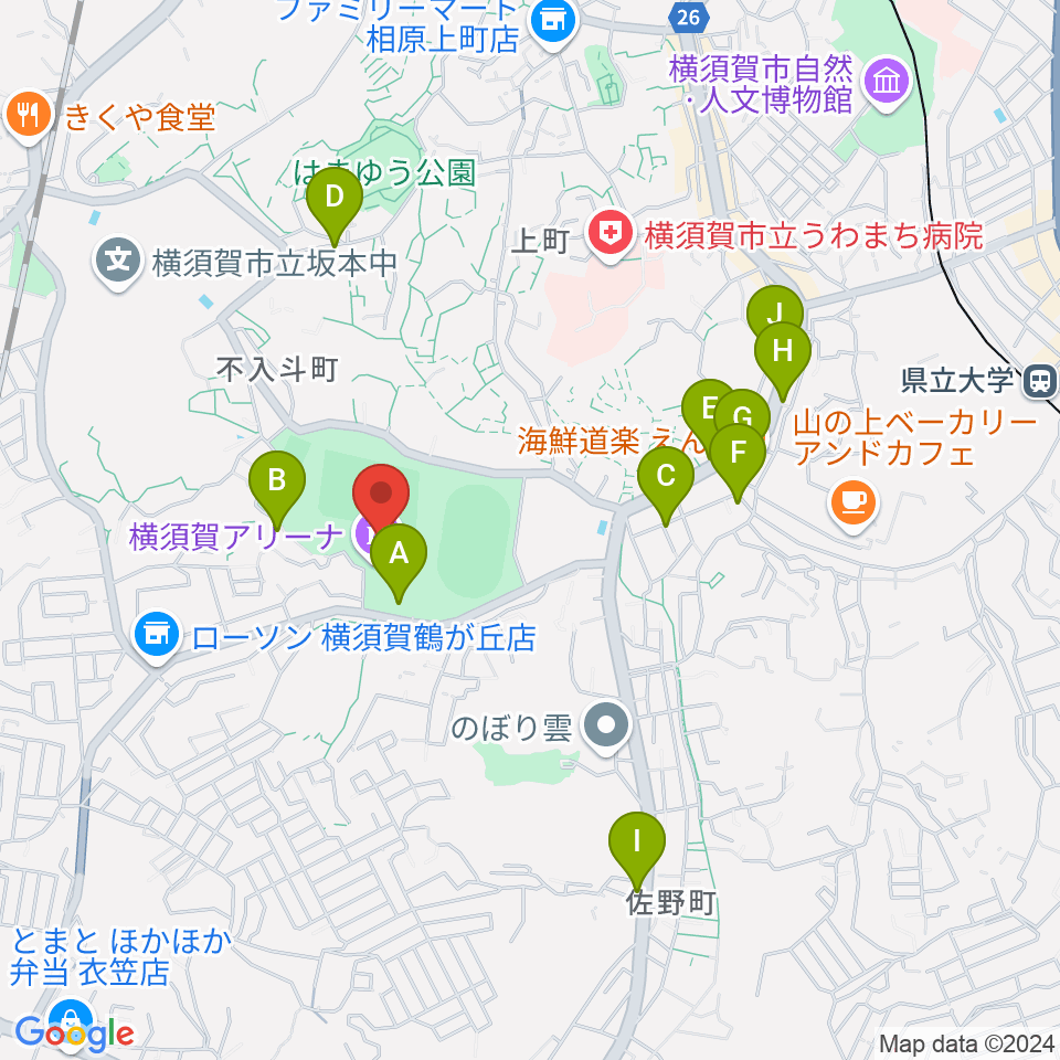 横須賀アリーナ周辺のファミレス・ファーストフード一覧地図