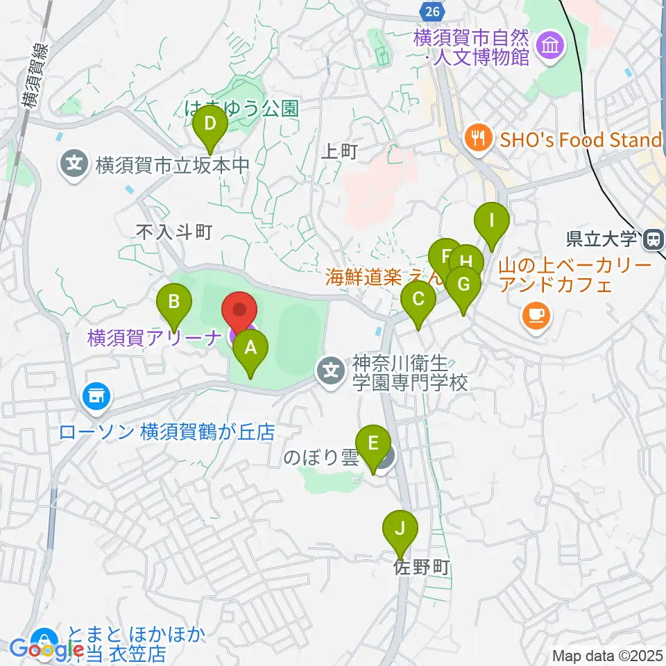 横須賀アリーナ周辺のファミレス・ファーストフード一覧地図