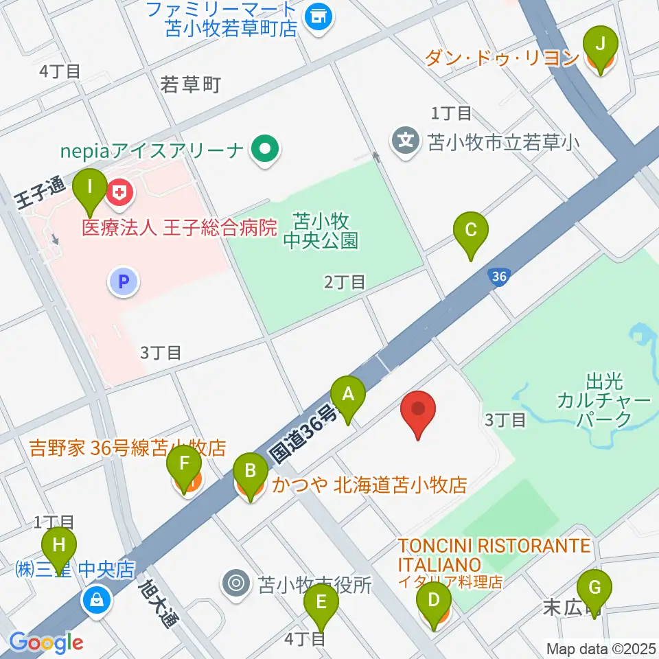 苫小牧市総合体育館周辺のファミレス・ファーストフード一覧地図
