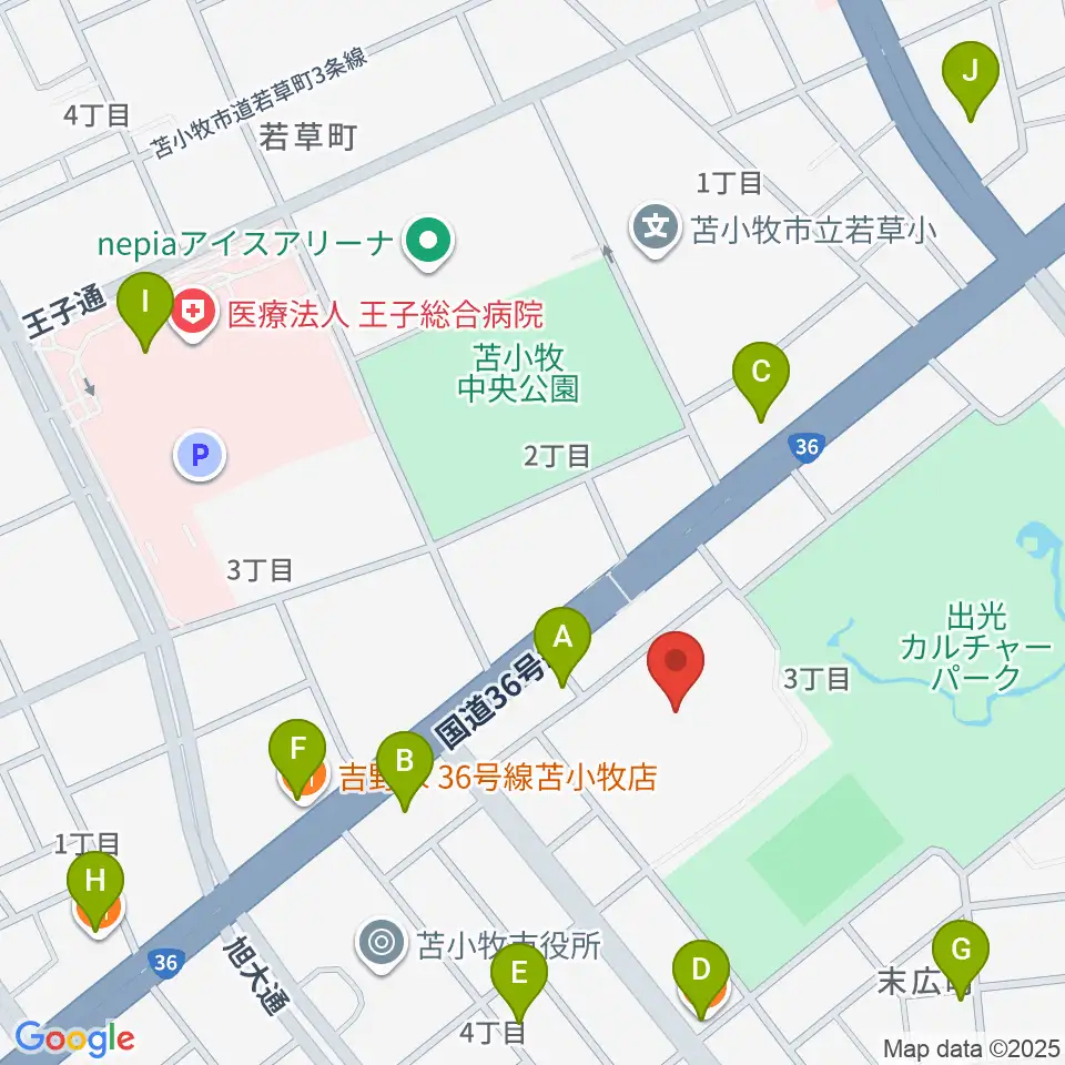 苫小牧市総合体育館周辺のファミレス・ファーストフード一覧地図