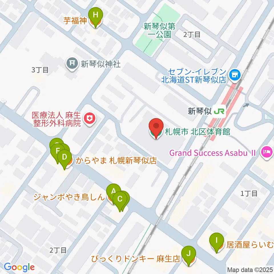 札幌市北区体育館周辺のファミレス・ファーストフード一覧地図