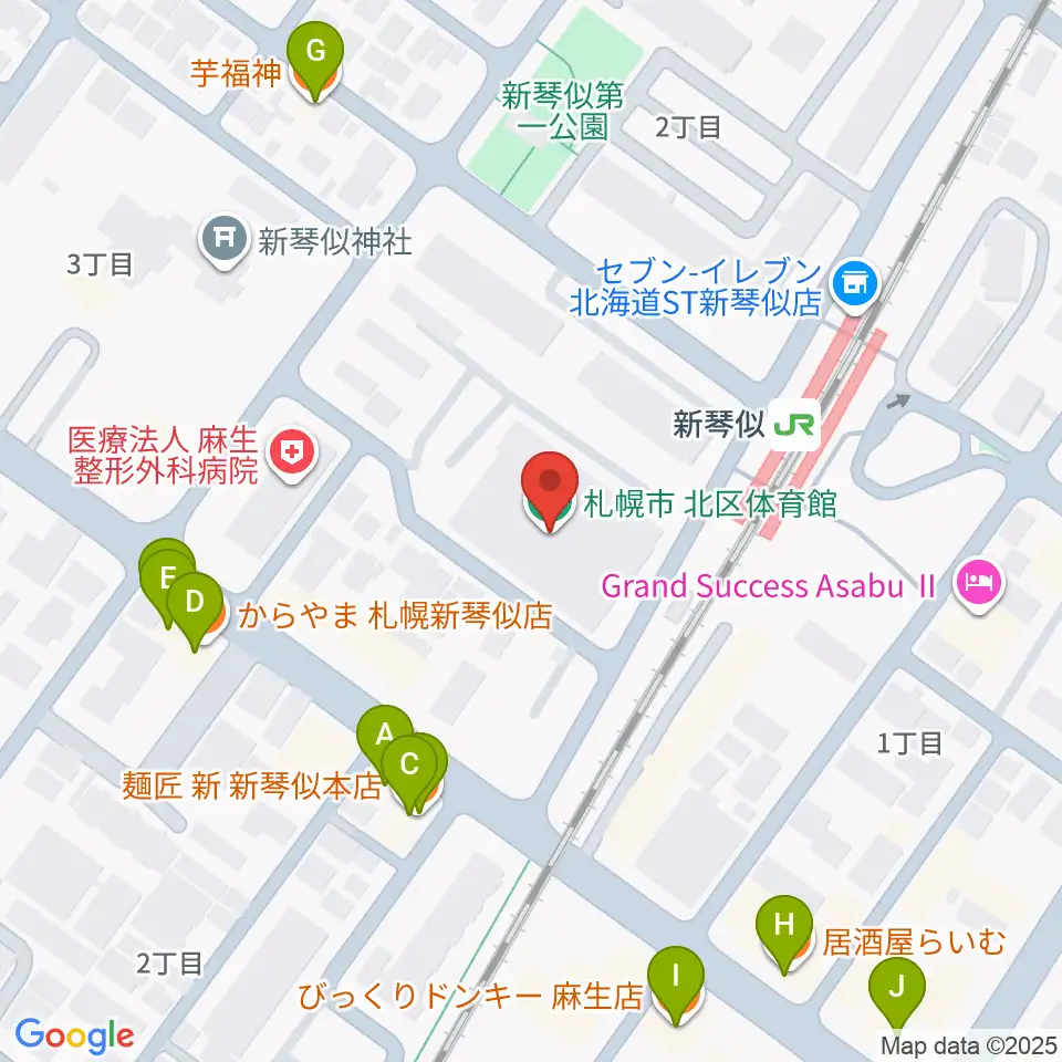札幌市北区体育館周辺のファミレス・ファーストフード一覧地図