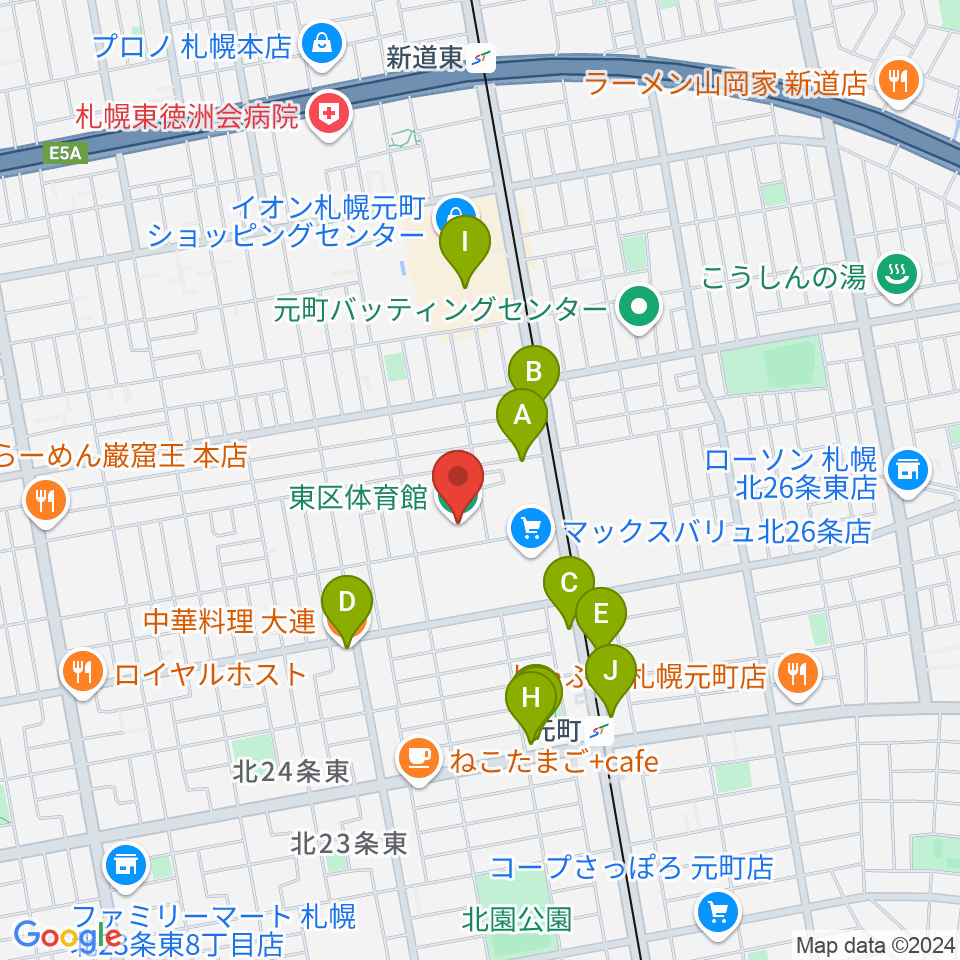 札幌市東区体育館周辺のファミレス・ファーストフード一覧地図