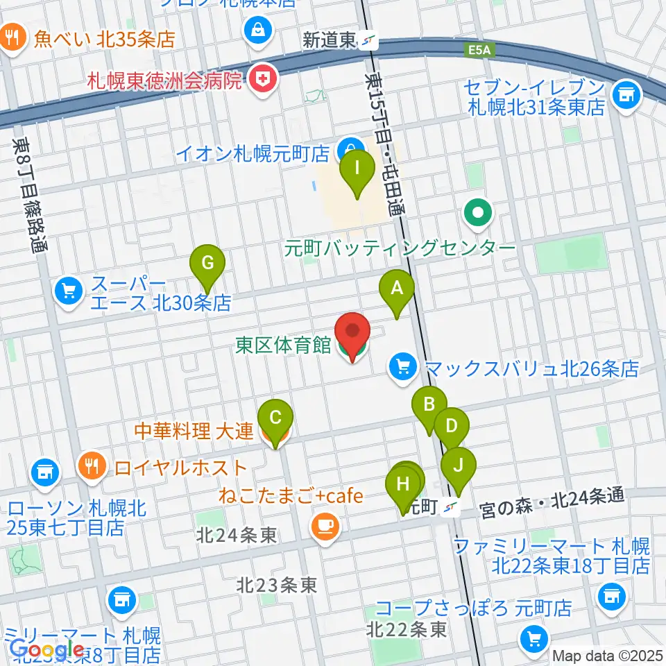 札幌市東区体育館周辺のファミレス・ファーストフード一覧地図