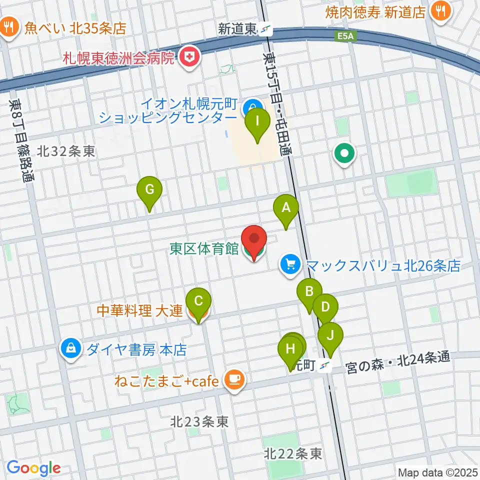 札幌市東区体育館周辺のファミレス・ファーストフード一覧地図