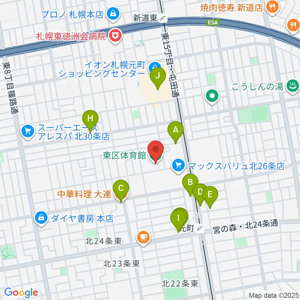 札幌市東区体育館周辺のファミレス・ファーストフード一覧地図