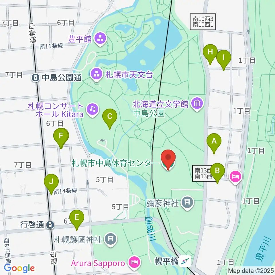 札幌市中島体育センター周辺のファミレス・ファーストフード一覧地図