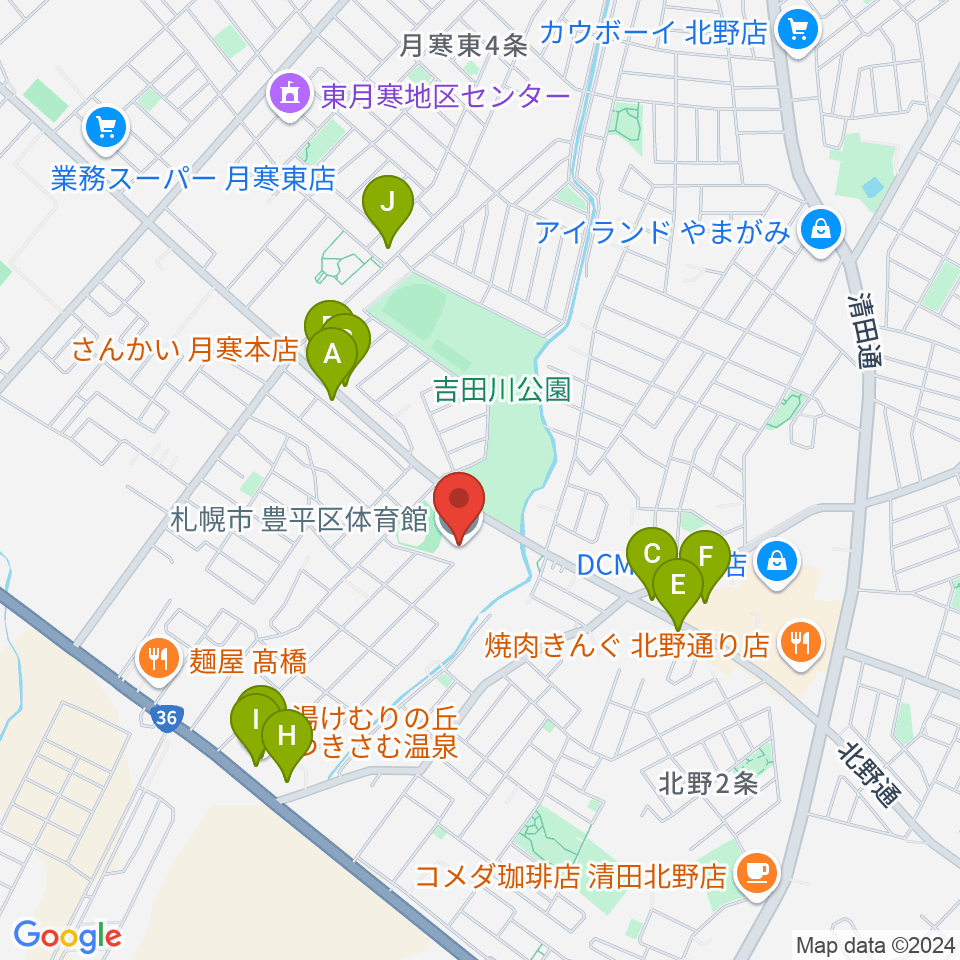 札幌市豊平区体育館周辺のファミレス・ファーストフード一覧地図