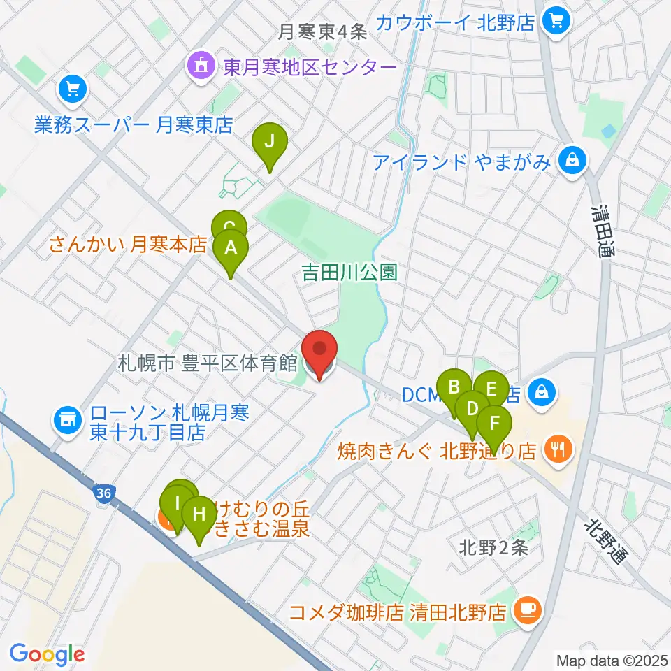 札幌市豊平区体育館周辺のファミレス・ファーストフード一覧地図