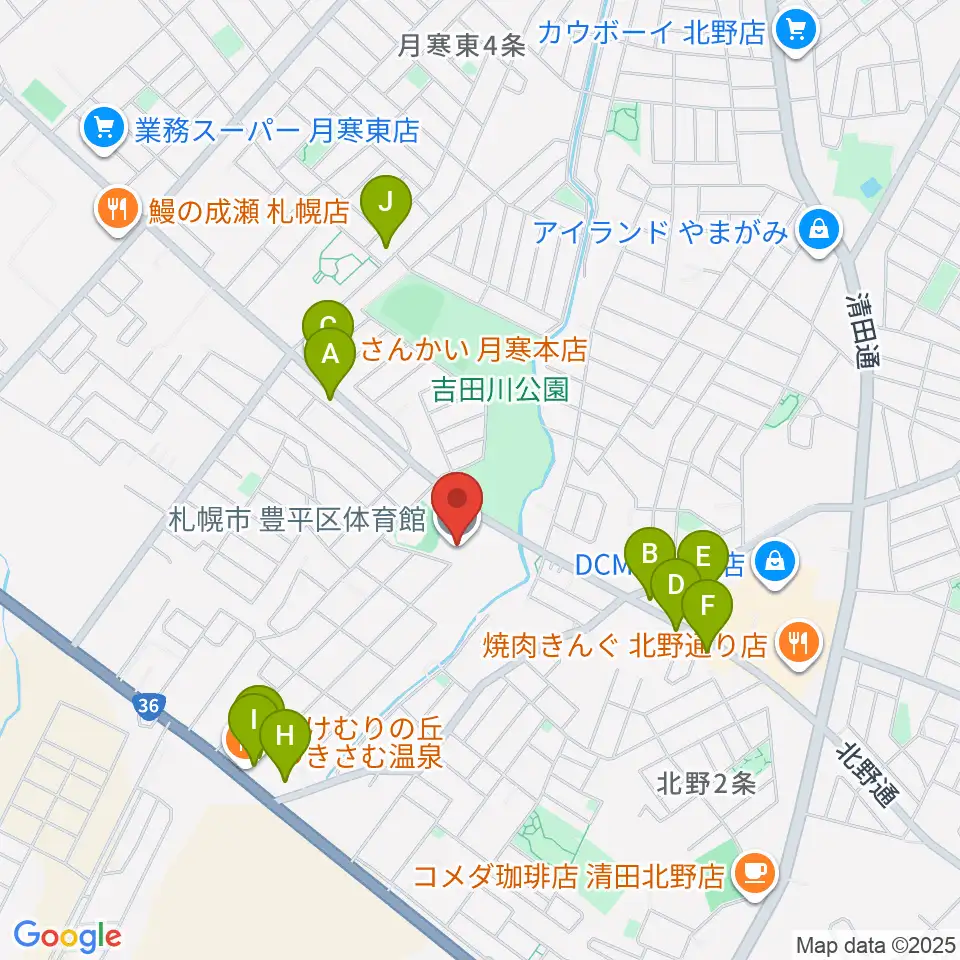 札幌市豊平区体育館周辺のファミレス・ファーストフード一覧地図